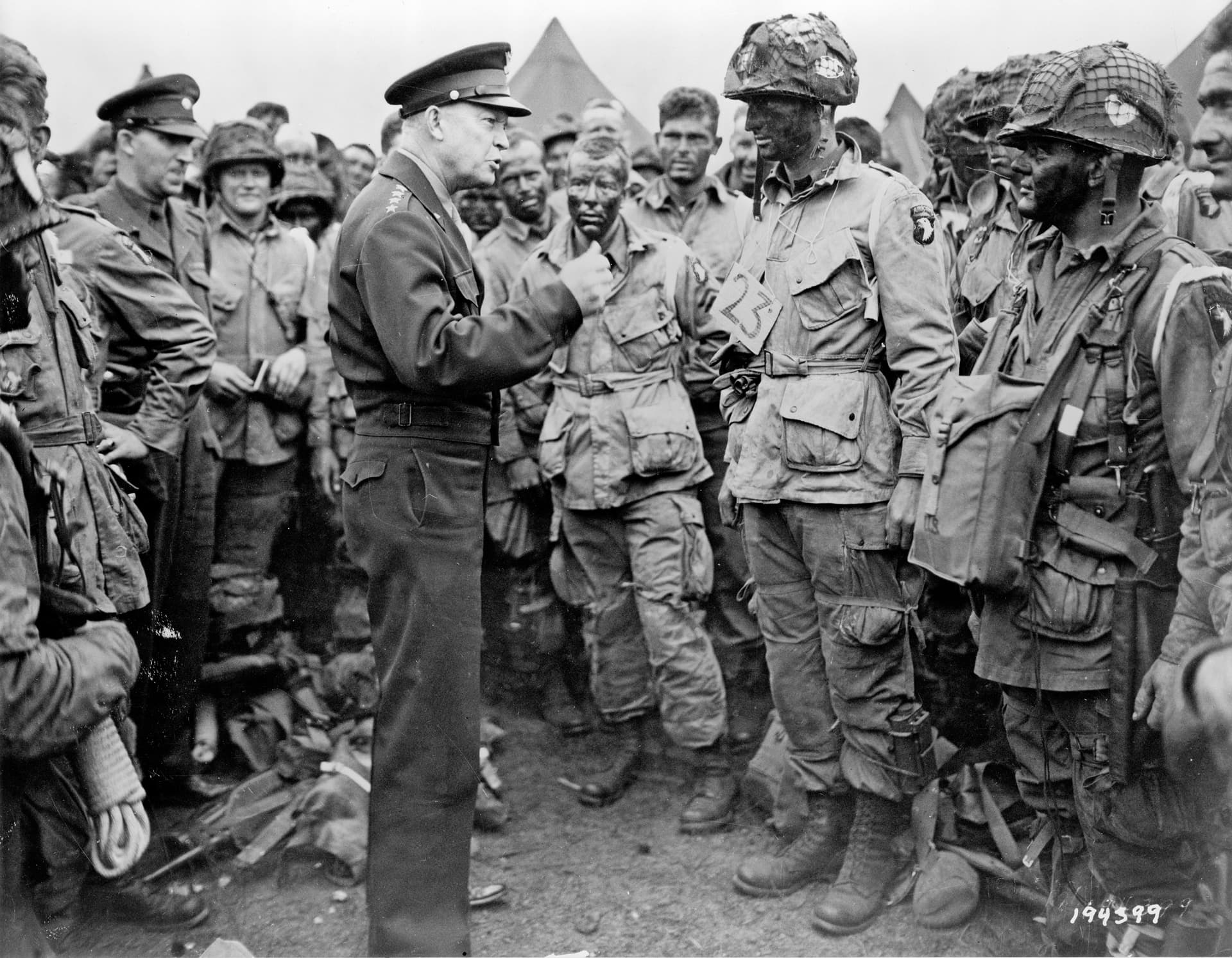 General Eisenhower speaking with paratroopers